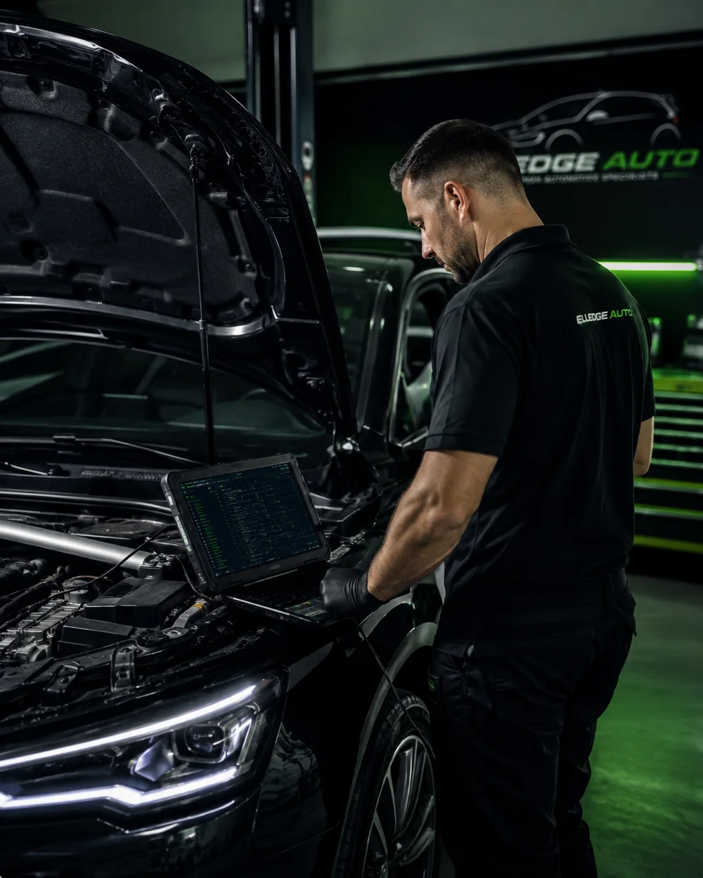 Technician diagnosing a vehicle with the hood open and a scan tool