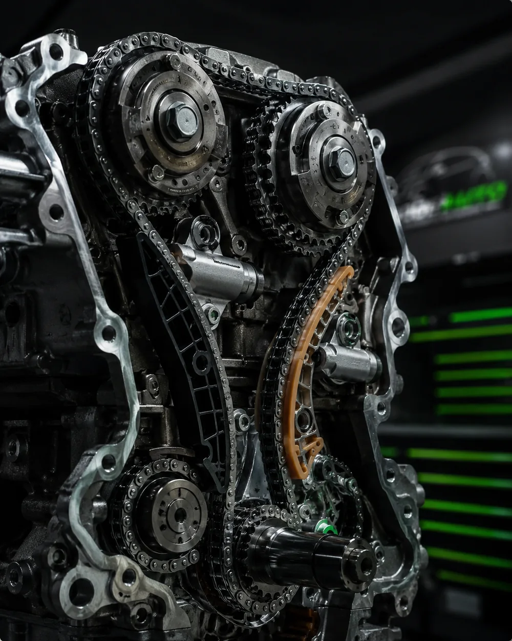 Engine timing chain, sprockets, guides and tensioners